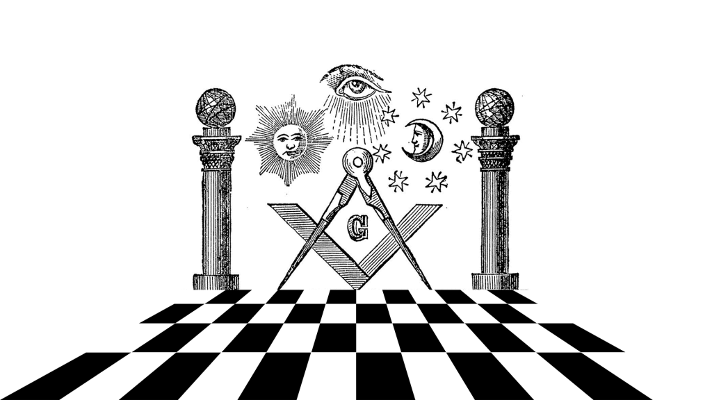 Pavé mosaïque, colonnes équerre compas et symboles