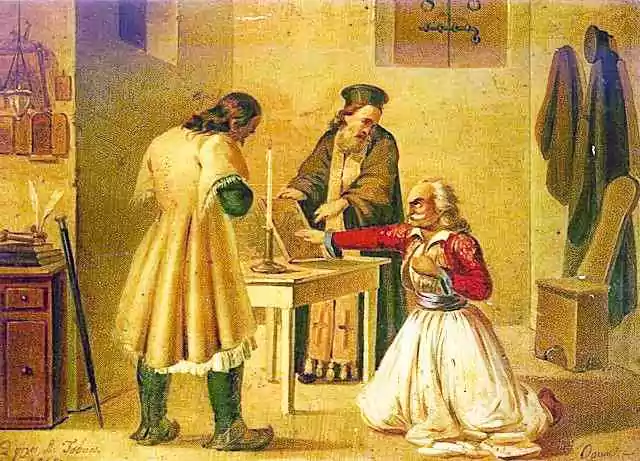 Le Serment (Dionysos Tsokos, 1849) illustre une cérémonie d'initiation&nbsp;: le pope semble être Grigórios Phléssas, le combattant Theódoros Kolokotrónis.