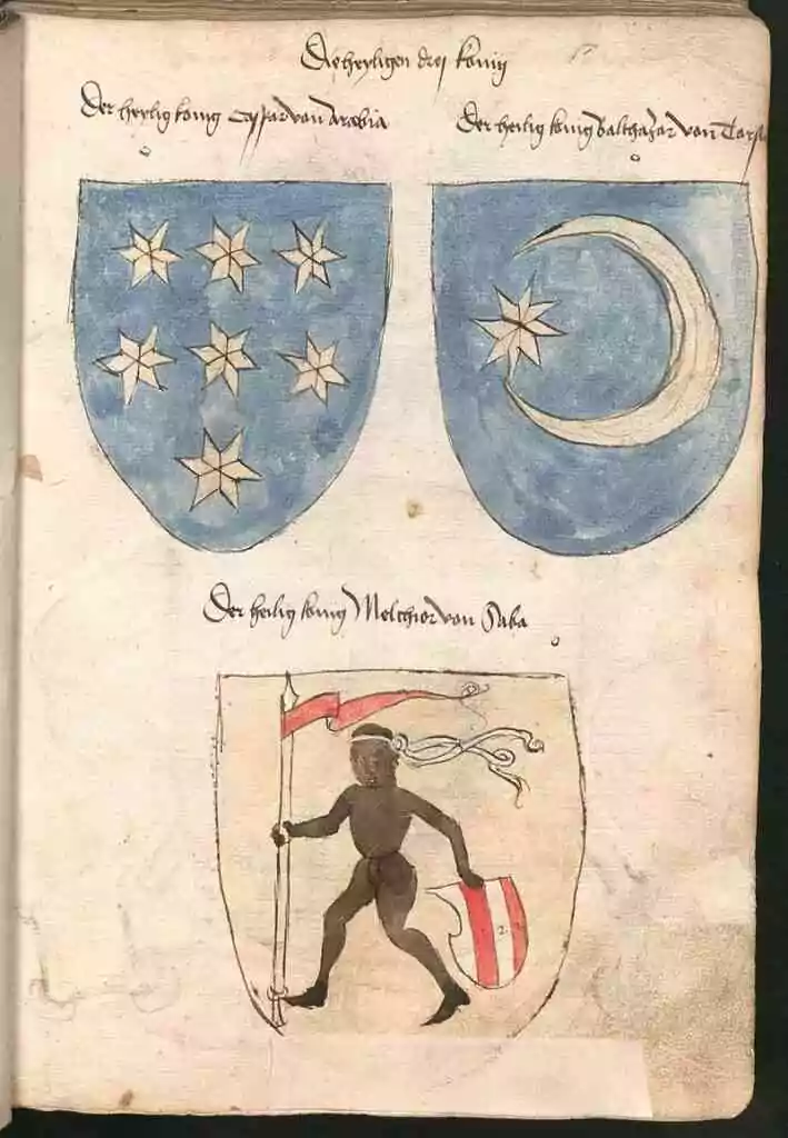 Blasons imaginaires des Mages Gaspard d'Arabie, Balthasar de Tarse et Melchior de Saba, Armorial de Wernigerode, xve, Bayerische Staatsbibliothek.