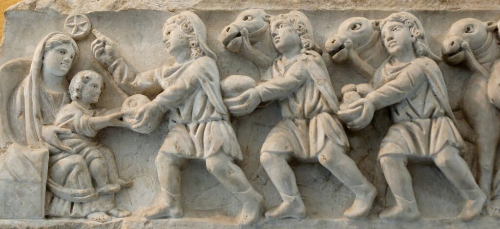 Épiphanie et galette… histoire, tradition et symbolique dans Recherches & Reflexions Sarcophage-provenant-du-cimetiere-Sainte-Agnes-a-Rome-ive-siecle.-1024x469