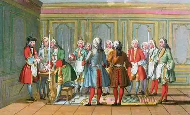 Une loge au XVIIIème siècle&nbsp;: eau-forte, aquarelle, planche dite "Cabanon", 1745 - Musée de la franc-maçonnerie.