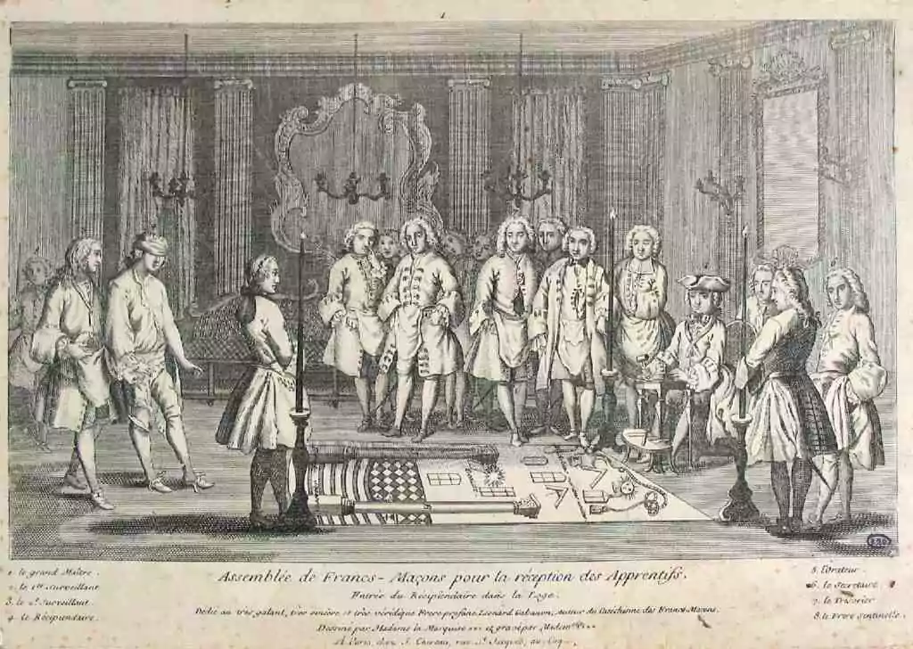 Gravure dite "Gabanon", XVIIIe siècle&nbsp;: «&nbsp;Assemblée de francs-maçons pour la réception des Apprentis… »