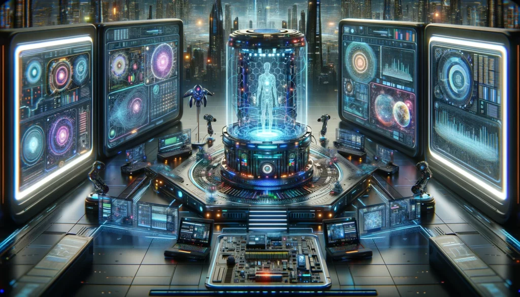 Scène futuriste conçue par l'intelligence artificielle (IA).
