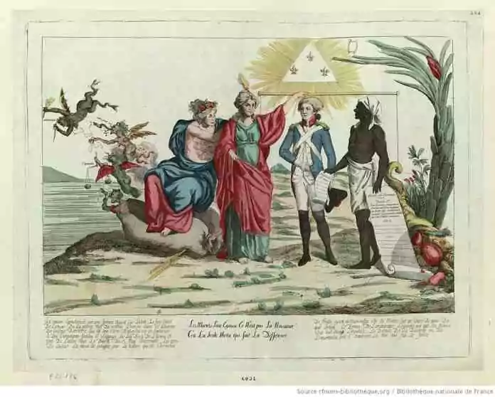 Estampe représentant l'abolition de l'esclavage en 1794.