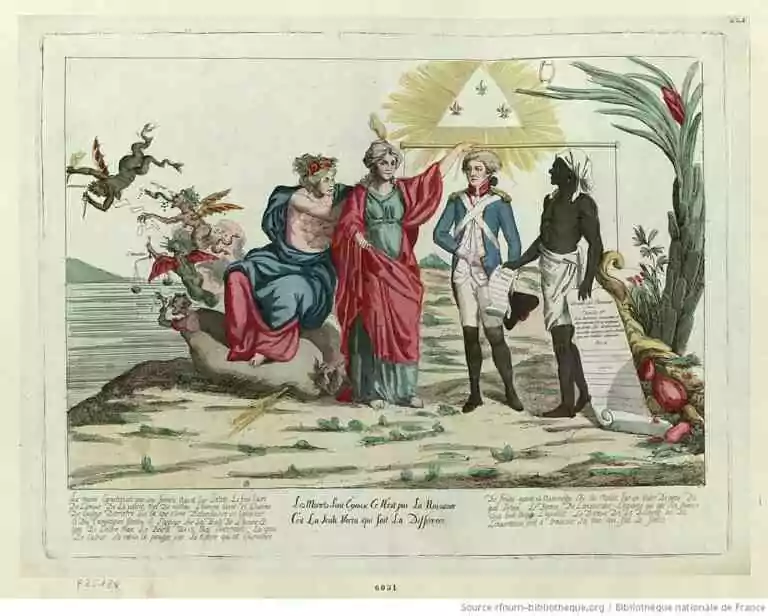Estampe représentant l'abolition de l'esclavage en 1794.