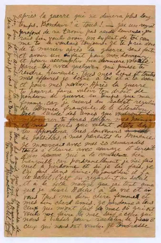La déchirante lettre de Missak Manouchian à son épouse Mélinée.