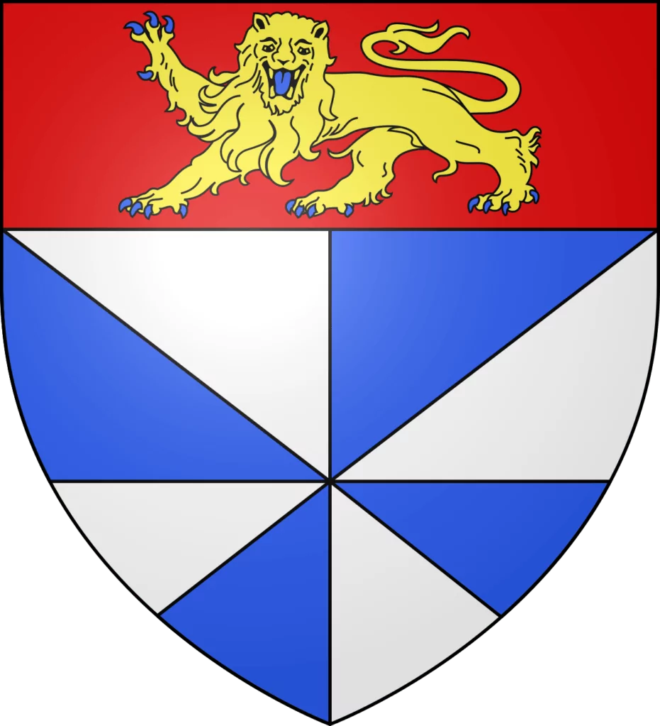 Blason de la ville de Frontenac&nbsp;: gironné d’argent et d’azur de huit pièces, au chef de gueules chargé d’un léopard d’or, armé et lampassé d’azur