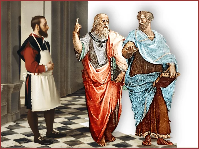 Platon et Aristote débattant devant un Franc-maçon