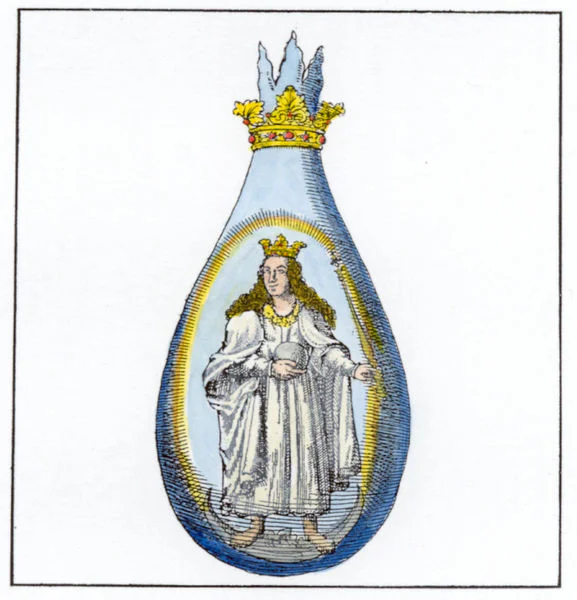 Planche alchimique&nbsp;: vase couronné contenant une figure féminine couronnée vêtue de blanc