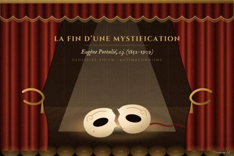 Rideau de théâtre ouvert sur un masque blanc fendu en deux, sous un projecteur – « La fin d’une mystification »