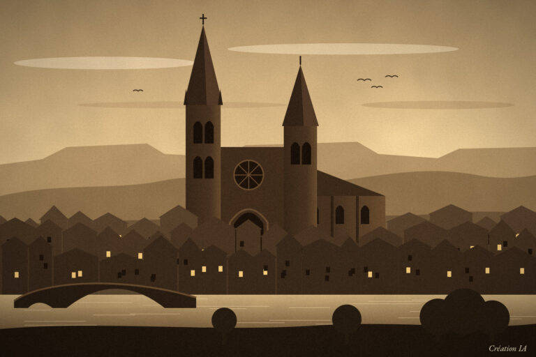 Silhouette de la cathédrale de Mende et du pont Notre-Dame sur le Lot, dans une lumière sépia