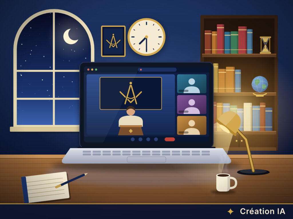 Illustration&nbsp;: une conférence du Campus maçonnique suivie sur un ordinateur portable, un soir, devant une horloge qui indique 19h30 (création IA)