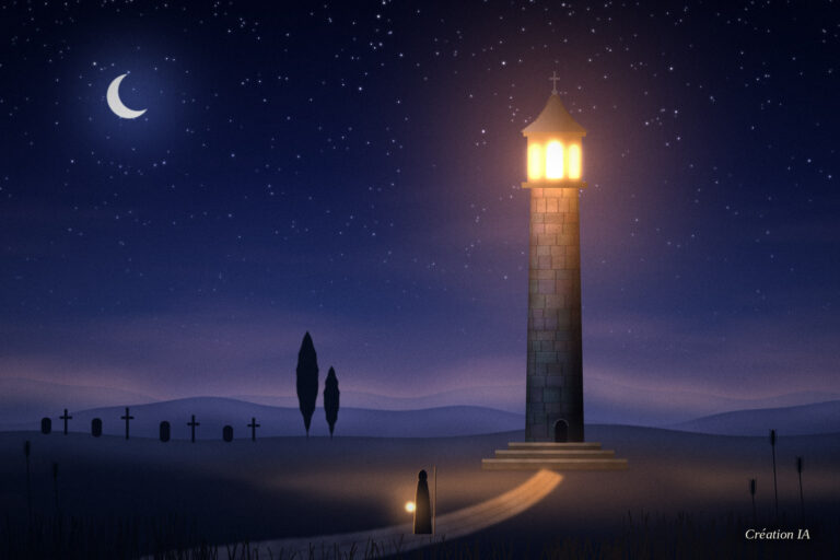 Colonne de pierre ajourée, lampe allumée à son sommet, dans une campagne nocturne où un voyageur marche avec une lanterne.