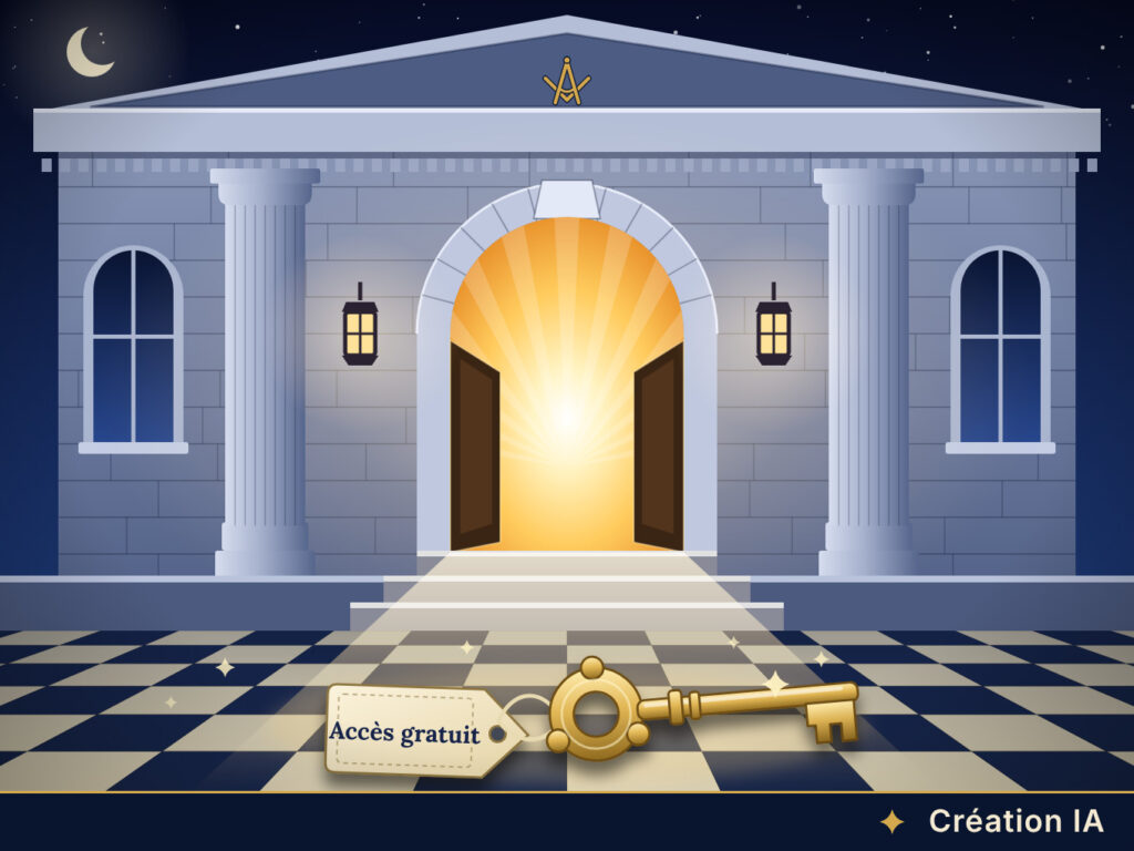 Illustration&nbsp;: la porte ouverte d’un temple inondée de lumière, avec une clé dorée et une étiquette «&nbsp;Accès gratuit&nbsp;» posées sur un sol en damier (création IA)