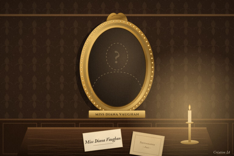 Cadre ovale doré vide portant le cartel «&nbsp;Miss Diana Vaughan&nbsp;», une carte de visite et une photographie posées sur une console