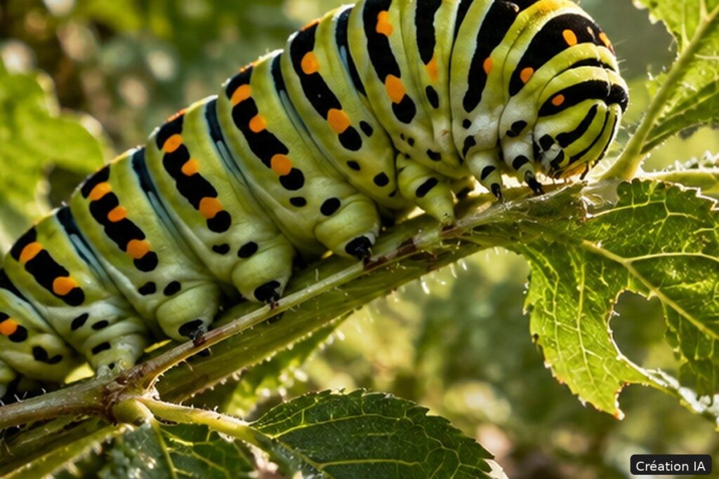 Chenille de machaon sur une branche feuillue – création IA