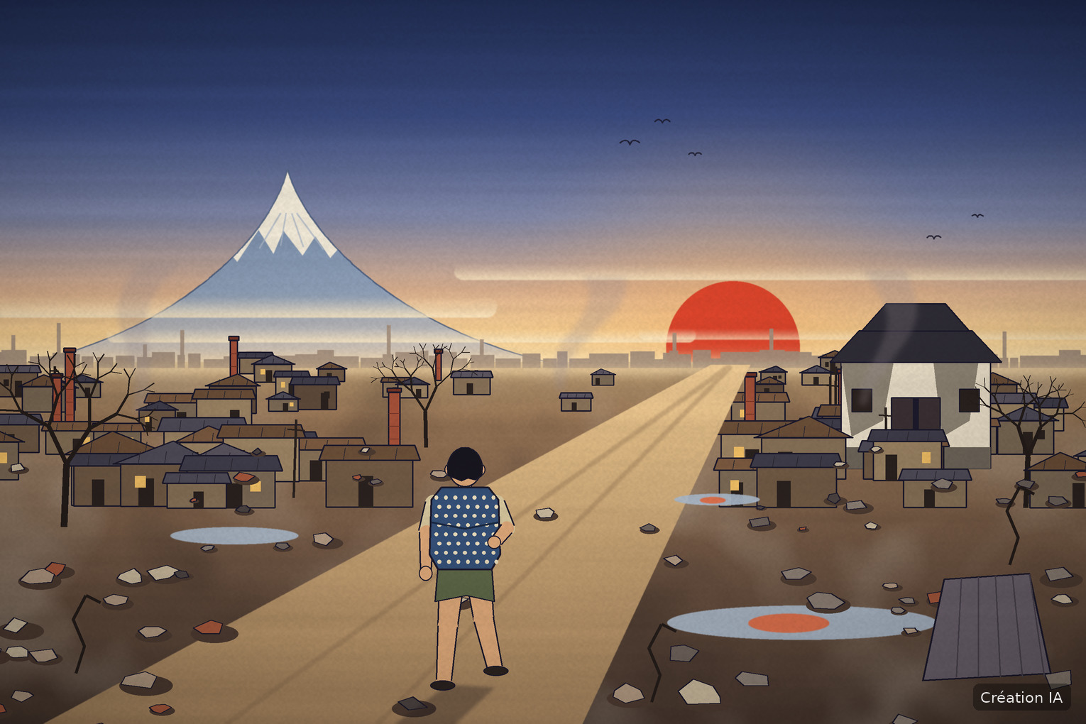 Un garçon portant un baluchon marche sur une route au milieu des ruines de Tokyo, le mont Fuji à l’horizon. Création IA.