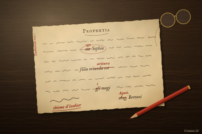 Feuillet ancien portant les mots «&nbsp;me Sophia&nbsp;», «&nbsp;oriunda est&nbsp;», «&nbsp;gli magi&nbsp;», corrigés à l’encre rouge, avec un crayon rouge et un pince-nez