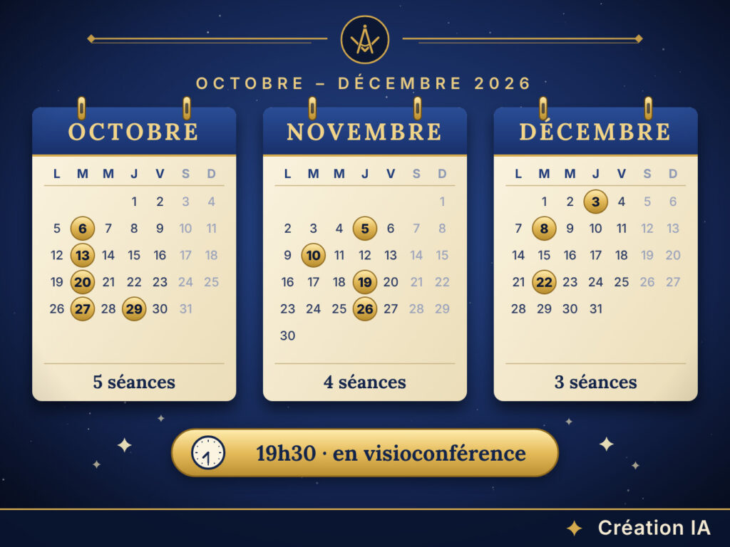 Illustration&nbsp;: trois calendriers (octobre, novembre, décembre 2026) où sont surlignées les douze dates de conférences, à 19h30 en visioconférence (création IA)