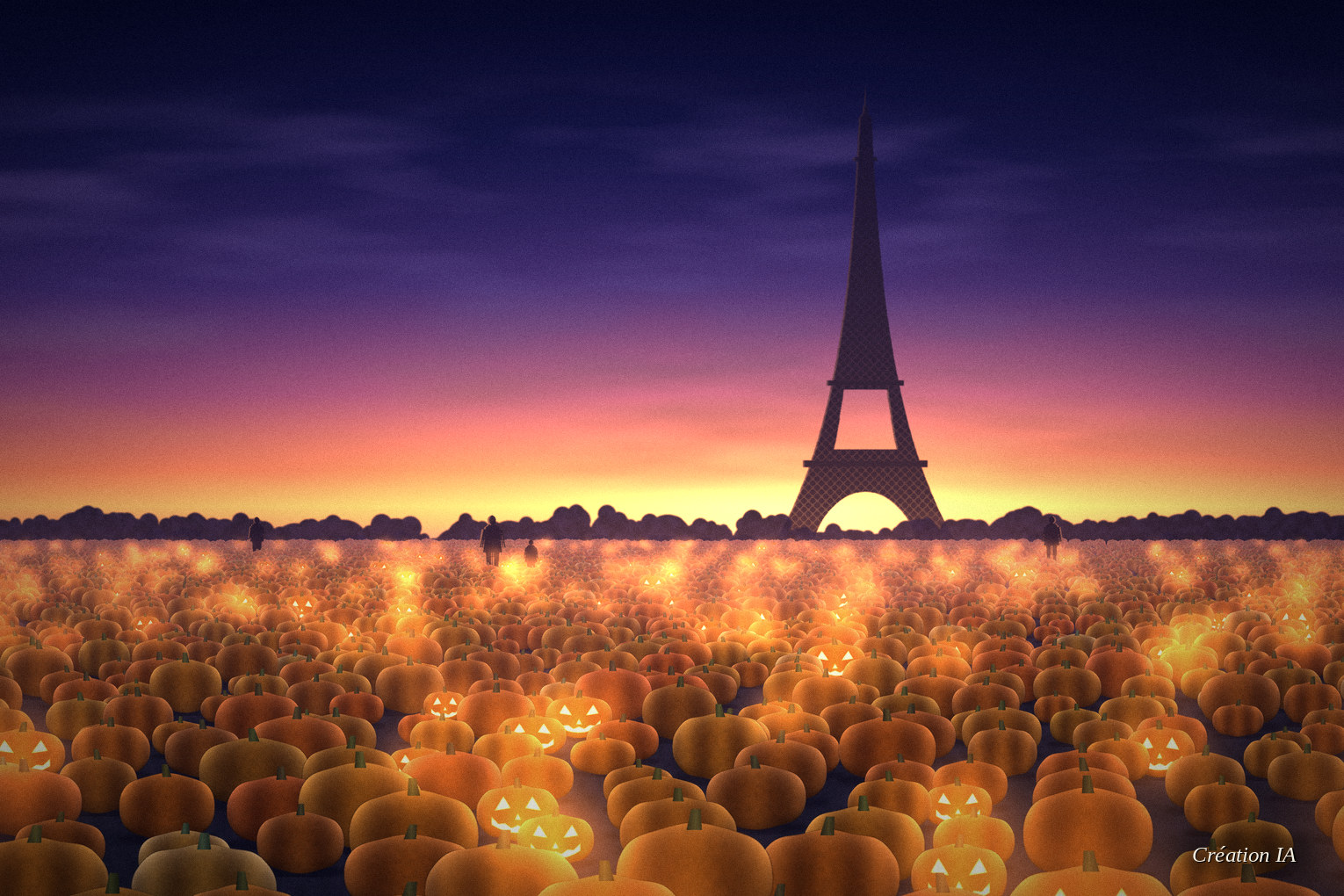 Parvis couvert de milliers de citrouilles, certaines sculptées et lumineuses, sous un ciel de crépuscule, avec la tour Eiffel en silhouette.