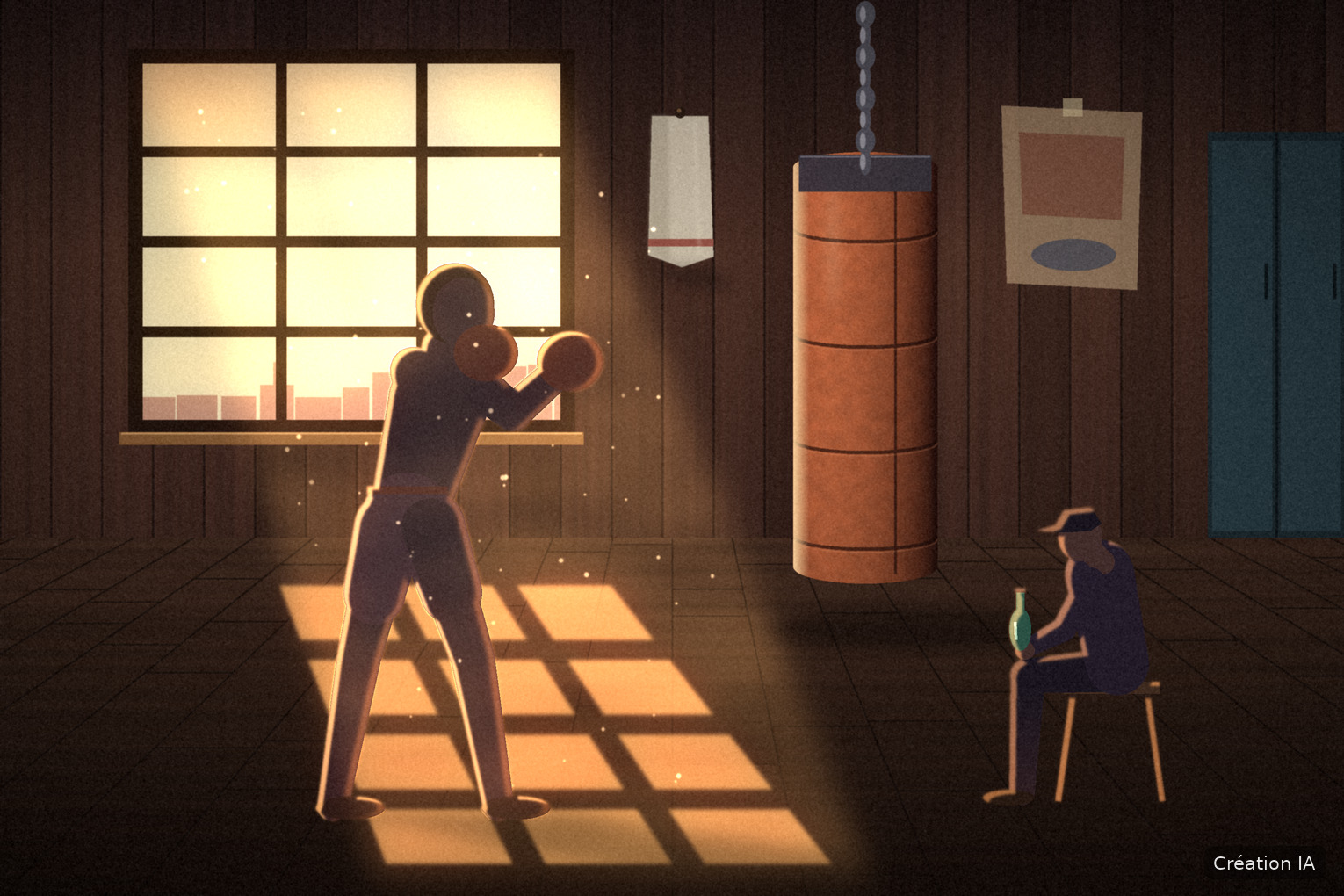 Un jeune boxeur à contre-jour devant une grande fenêtre, un sac lourd et un vieil homme assis avec une bouteille, dans une salle d’entraînement. Création IA.