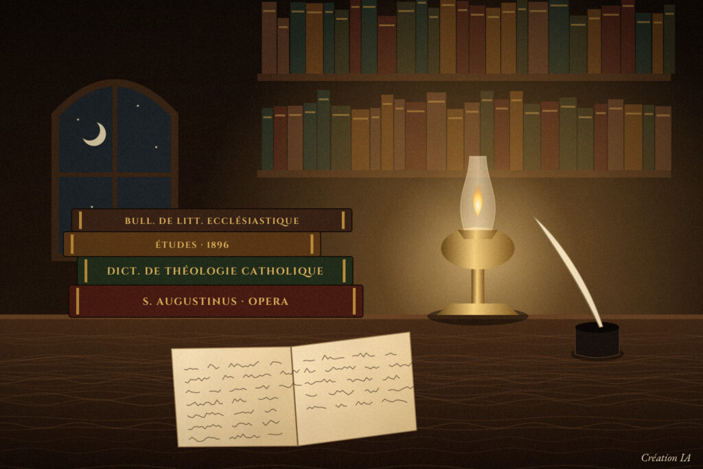 Bureau de théologien la nuit&nbsp;: lampe à huile, plume, cahier ouvert et pile de livres (S. Augustinus, Dictionnaire de théologie catholique, Études 1896)