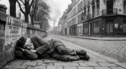Pierre Leroux épuisé sur le pavé, avril 1871