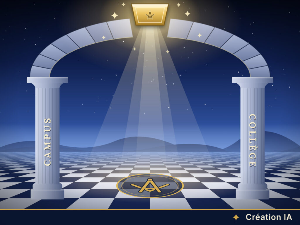 Illustration&nbsp;: deux colonnes, «&nbsp;Campus&nbsp;» et «&nbsp;Collège&nbsp;», portent une arche inachevée au-dessus de laquelle brille une clé de voûte dorée (création IA)