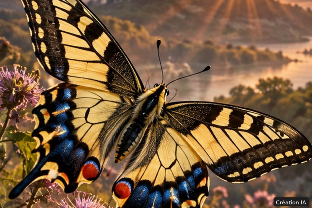 Papillon machaon aux ailes déployées devant un paysage baigné de lumière – création IA