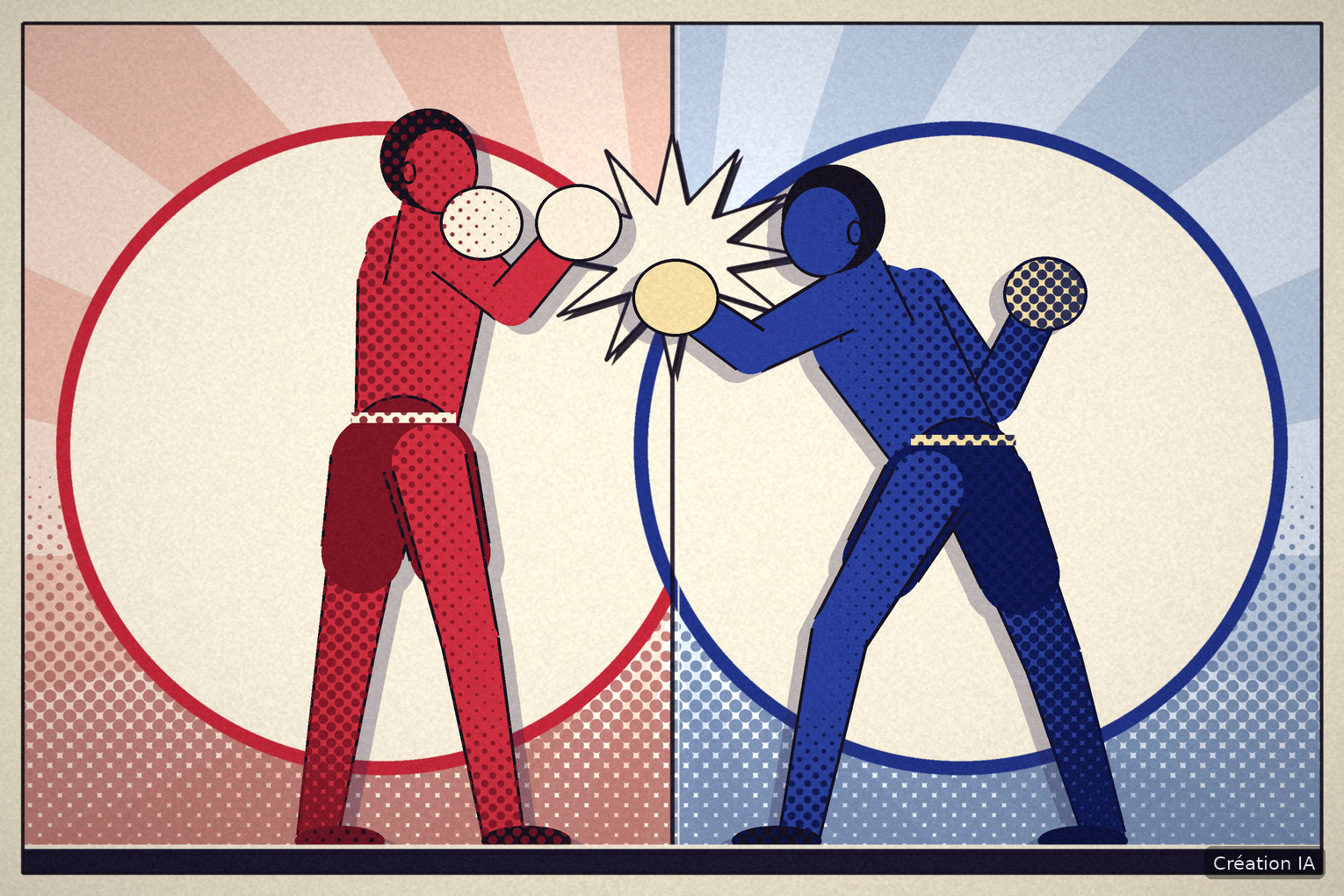 Affiche de deux boxeurs rivaux face à face, l’un en rouge, l’autre en bleu, gants presque joints. Création IA.