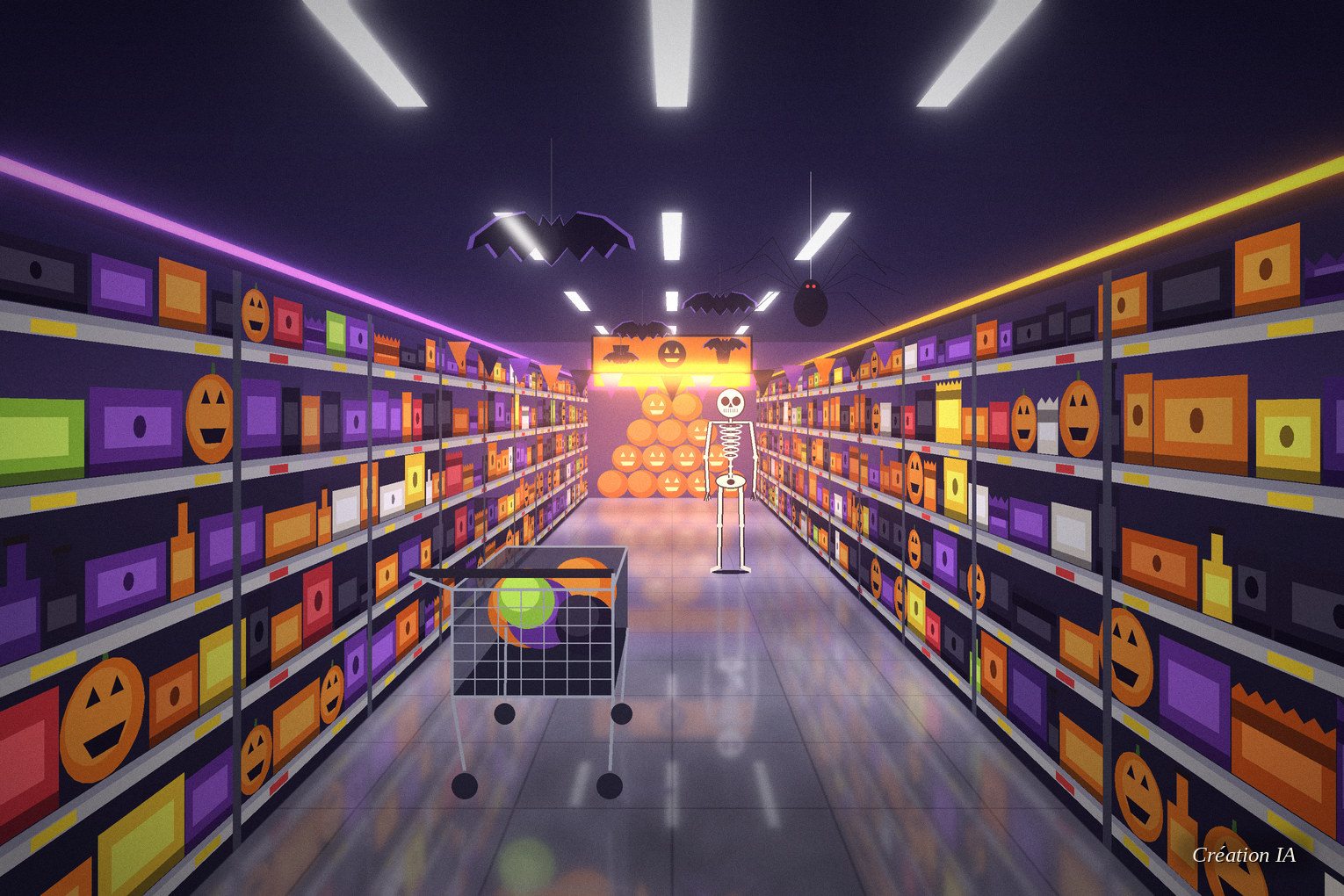 Allée de supermarché aux rayonnages orange, noirs et violets, avec chauves-souris suspendues, squelette en plastique, chariot et pyramide de citrouilles.