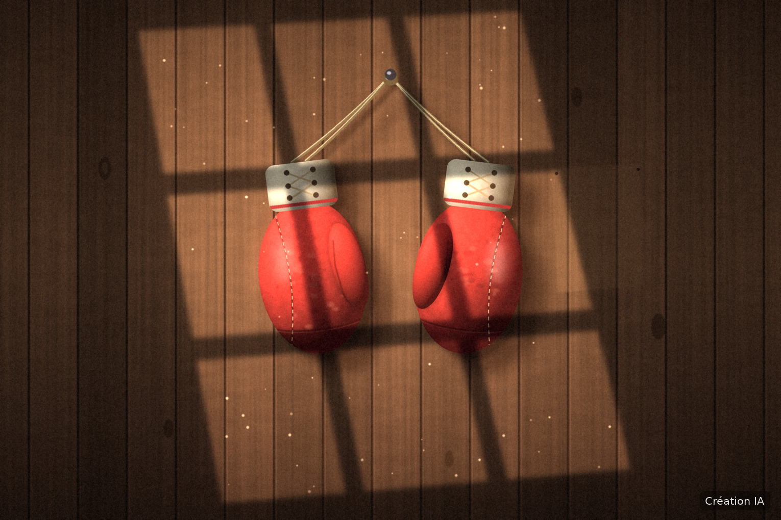 Deux gants de boxe rouges suspendus à un clou sur un mur de planches éclairé par une fenêtre. Création IA.