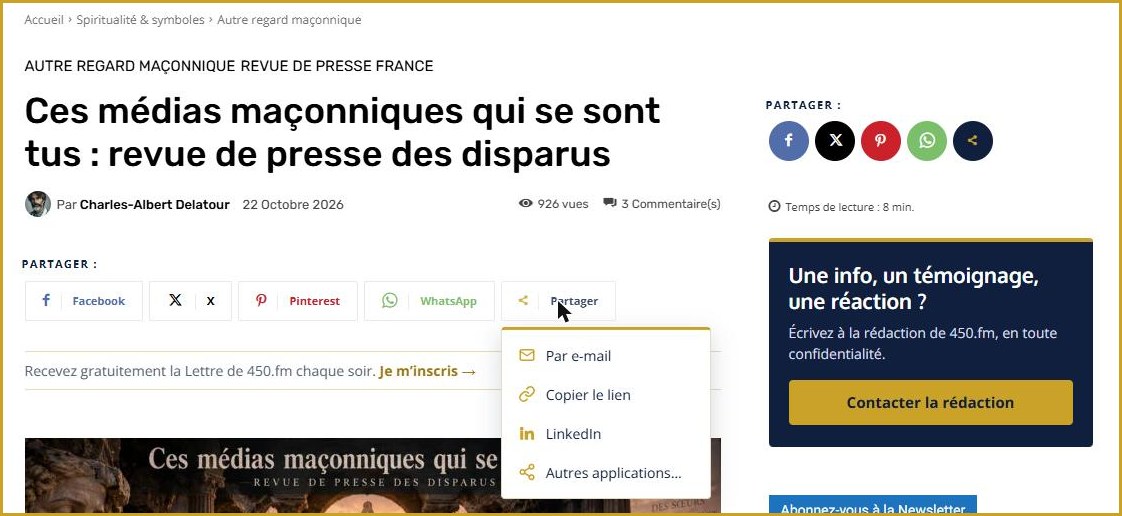 Le nouveau bouton Partager de 450.fm&nbsp;: e-mail, copier le lien, LinkedIn