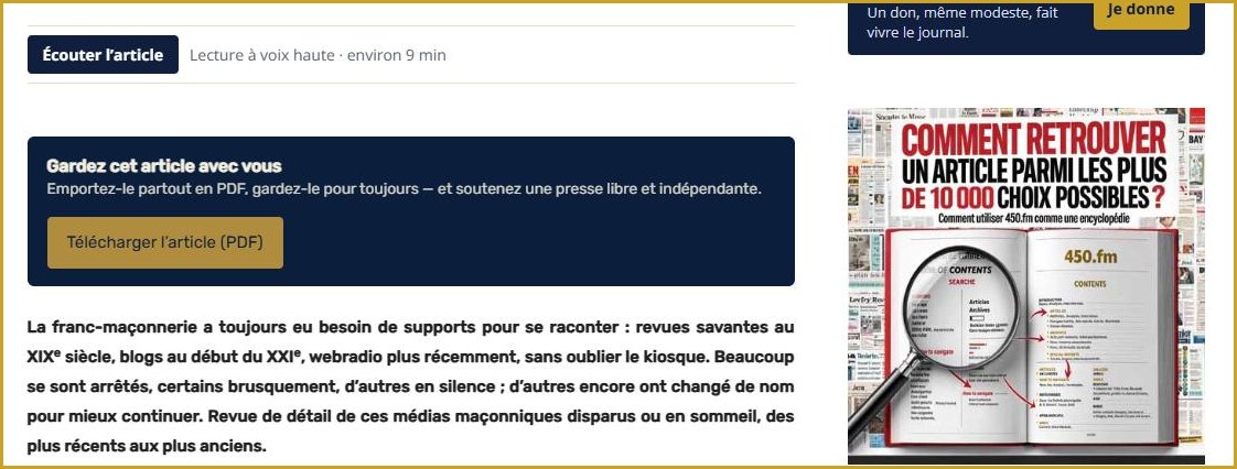 Le bouton Écouter l'article et la carte Soutenez 450.fm