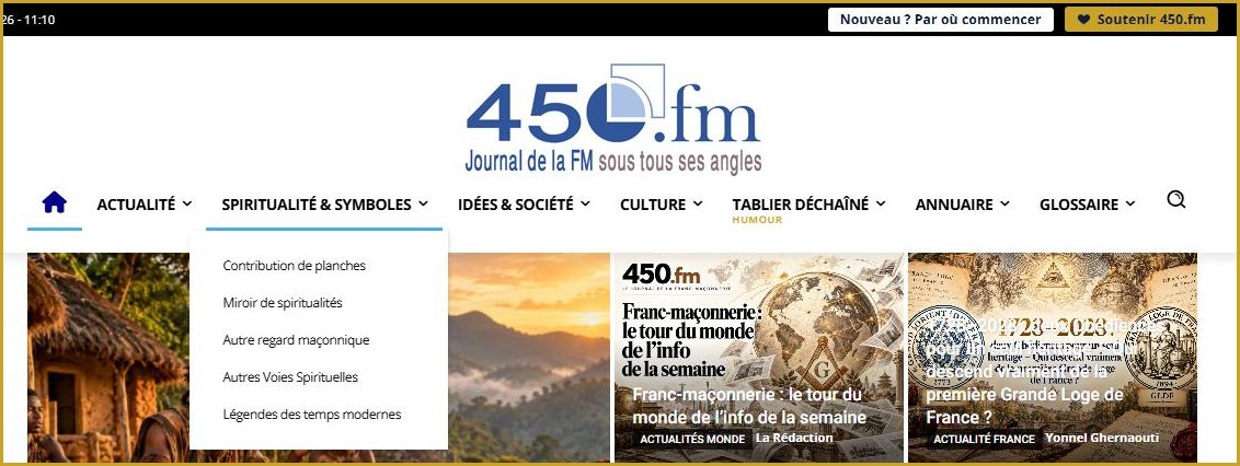 Le nouveau menu déroulant de 450.fm, rubrique Spiritualité & symboles