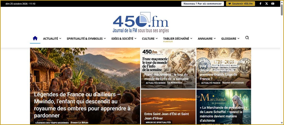 La page d'accueil de 450.fm avec son nouveau menu et les boutons Par où commencer et Soutenir 450.fm