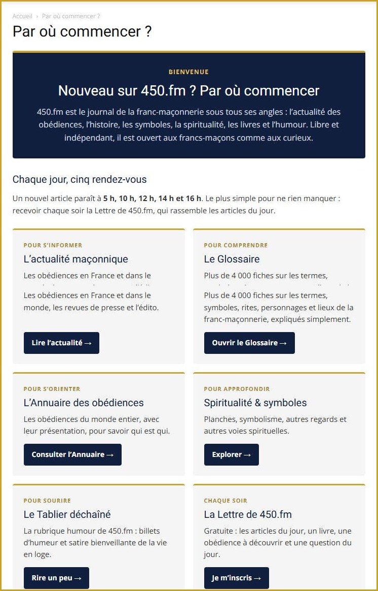 La page Par où commencer&nbsp;? de 450.fm pour les nouveaux lecteurs