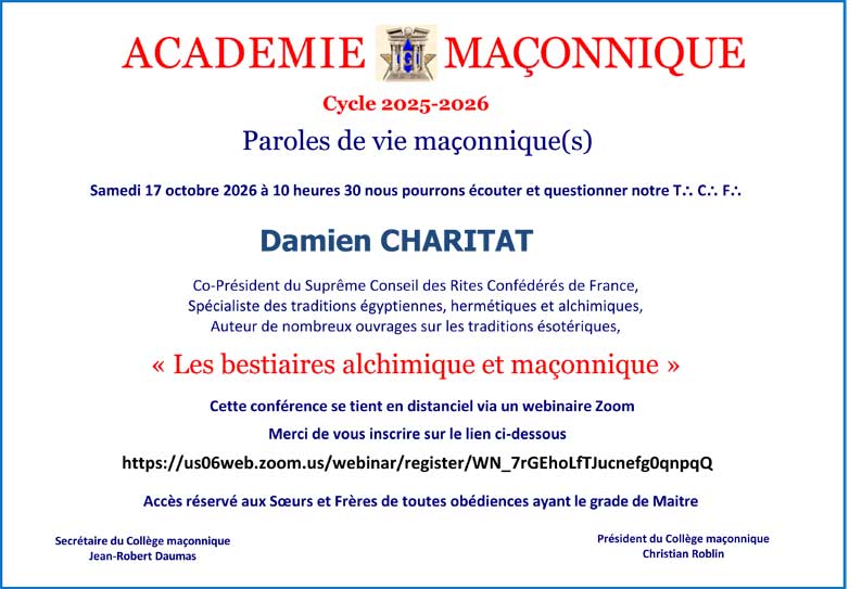Académie maçonnique Paris – Damien Charitat – Les bestiaires alchimique et maçonnique