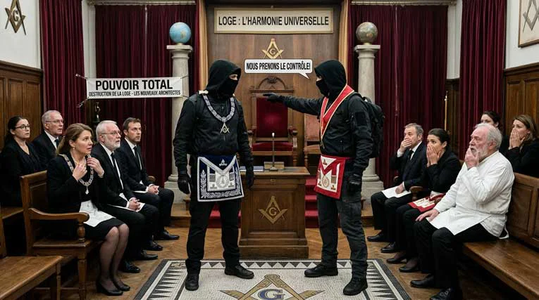 Francs-maçons masqués : les Black Blocks de la Loge, illustration humoristique