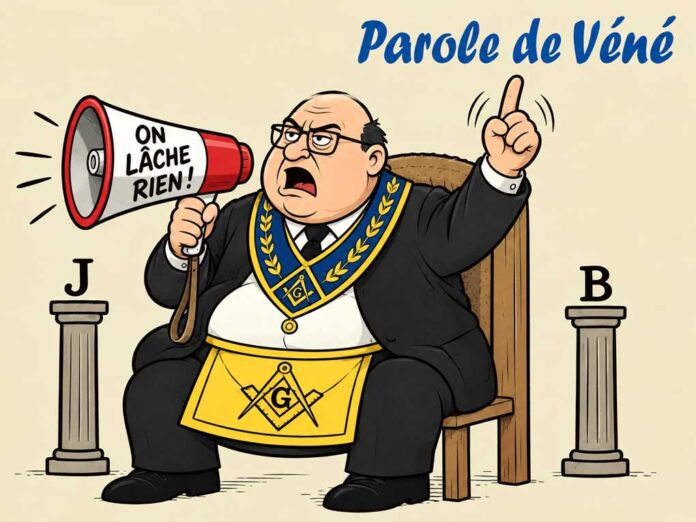 Caricature d'un franc-maçon au mégaphone – Le mot du lundi du Vénérable Maître, 450.fm