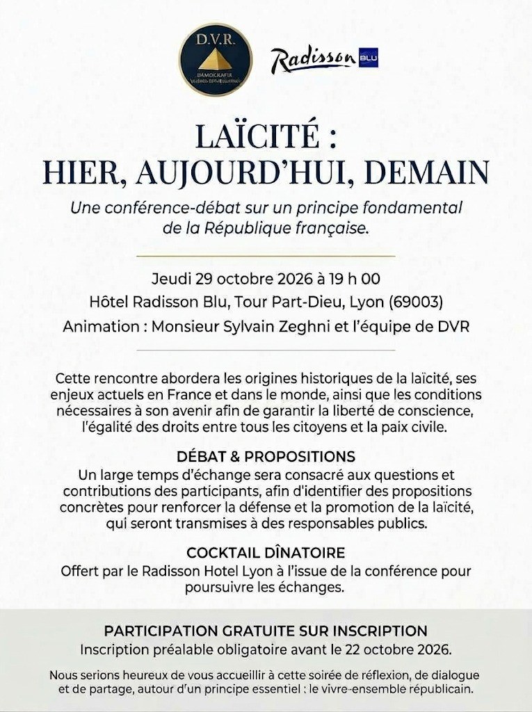 Affiche de la conférence-débat Laïcité&nbsp;: hier, aujourd’hui, demain, le 29 octobre 2026 au Radisson Blu de Lyon