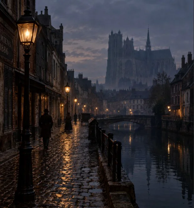 Amiens la nuit, ses canaux et la cathédrale