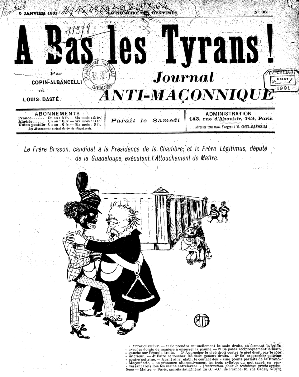 Caricature du journal antimaçonnique À bas les tyrans&nbsp;!, visant des parlementaires républicains présentés comme francs-maçons.