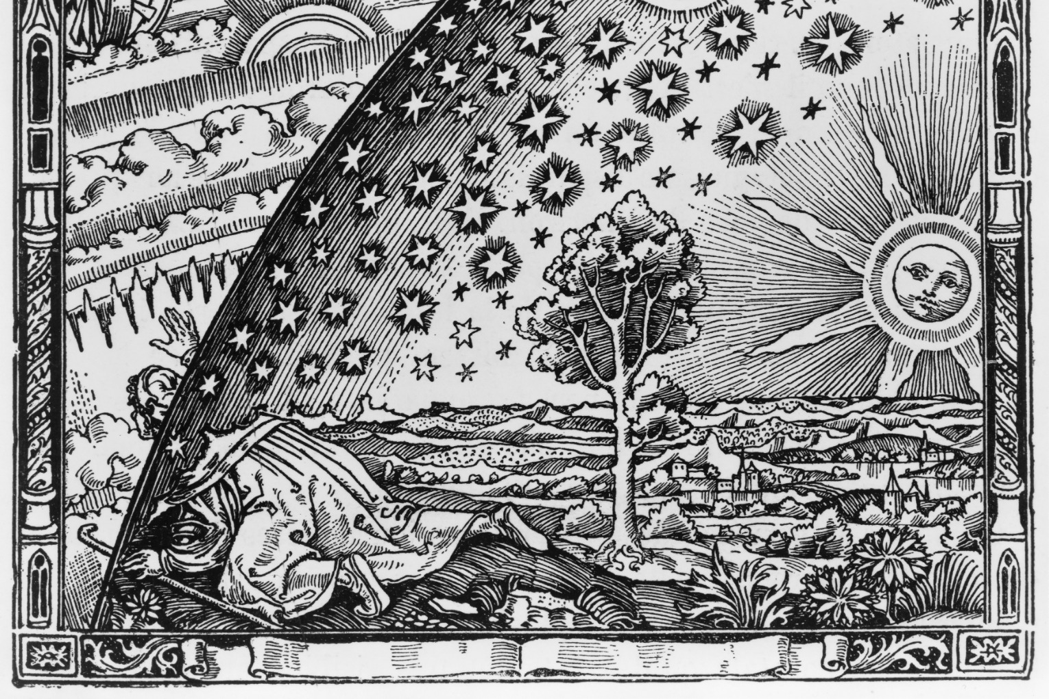 Gravure sur bois de 1888 : un voyageur passe la tête sous la voûte étoilée du ciel.