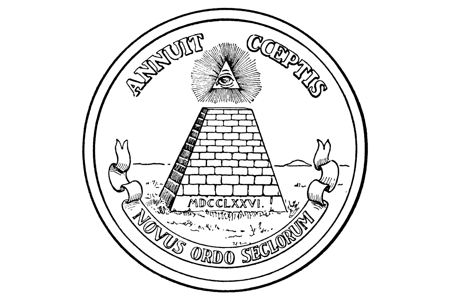 Revers du Grand Sceau des États-Unis : une pyramide inachevée surmontée de l’œil de la Providence.