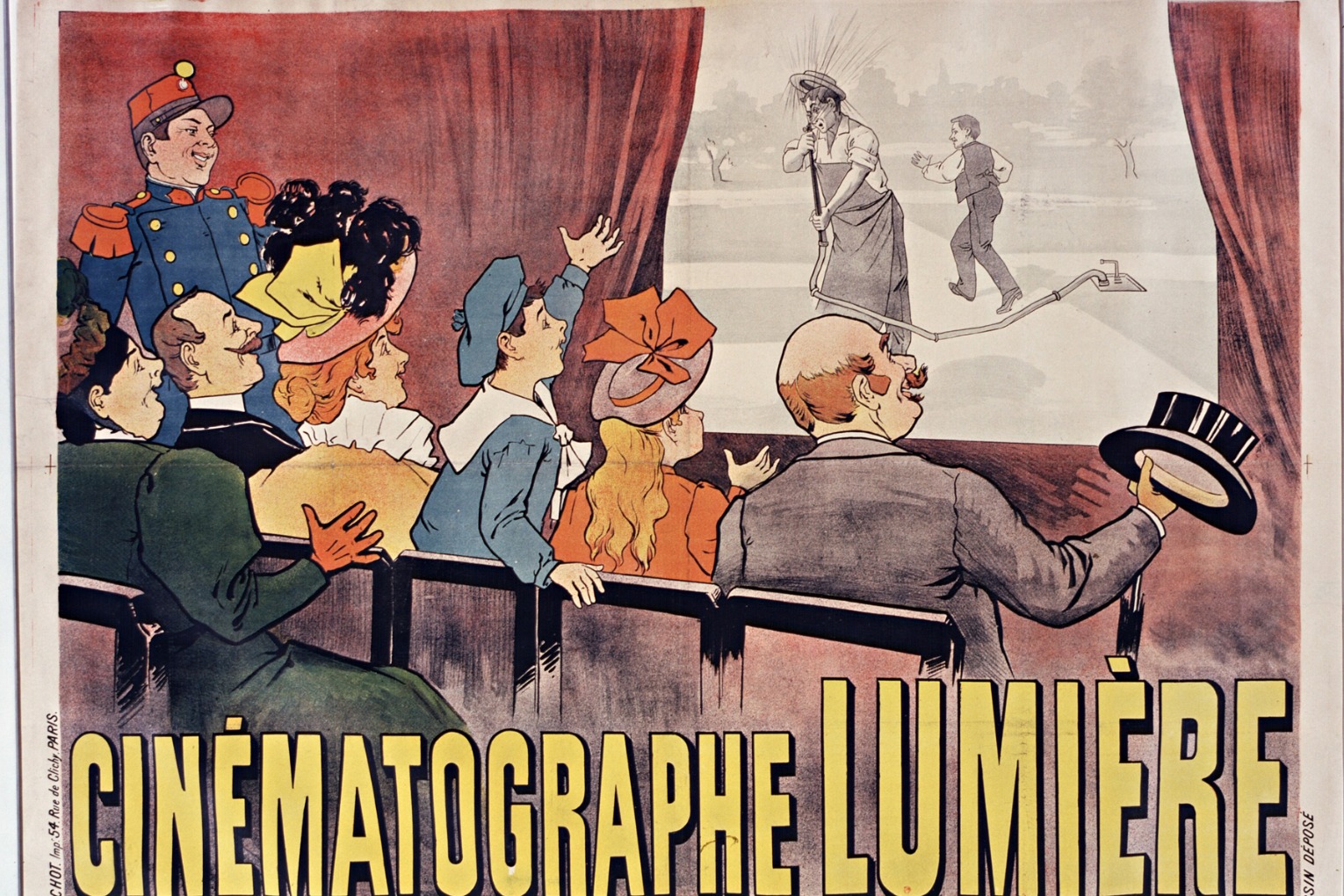 Affiche lithographiée de 1896 : des spectateurs devant un écran, sous l’inscription « Cinématographe Lumière ».