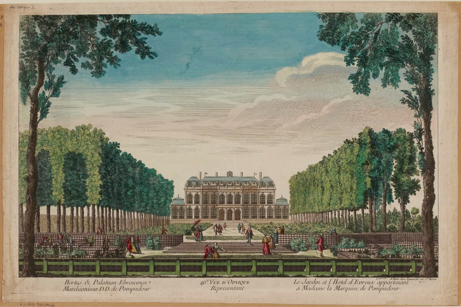 Vue d’optique colorée du jardin et de l’hôtel d’Évreux, futur palais de l’Élysée, vers 1750.