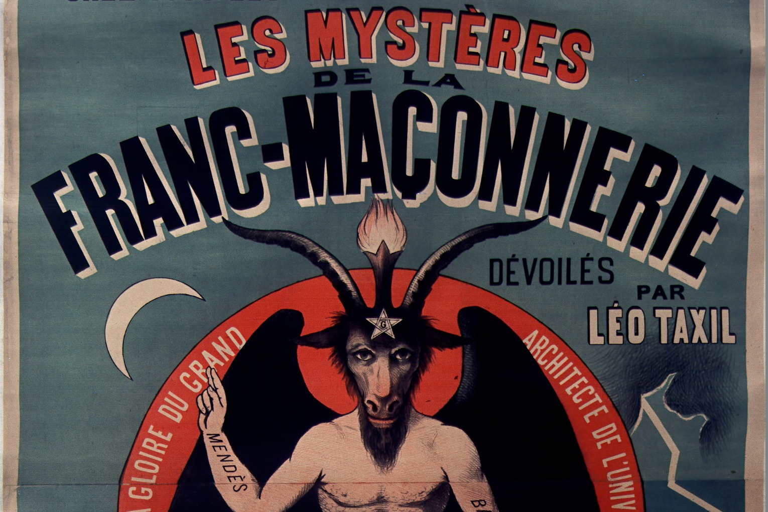 Affiche de 1896 pour un livre de Léo Taxil : un démon aux ailes de chauve-souris portant un tablier, sous le titre « Les Mystères de la franc-maçonnerie dévoilés ».