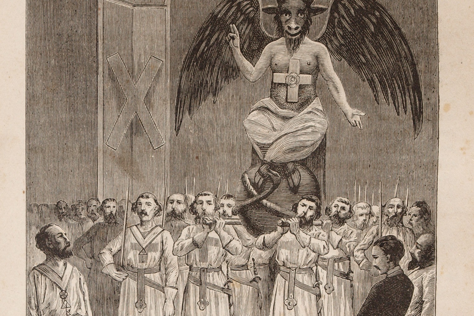 Gravure de 1886 : une figure ailée surplombe des hommes en robe rassemblés, scène imaginaire tirée d’un ouvrage de Léo Taxil.