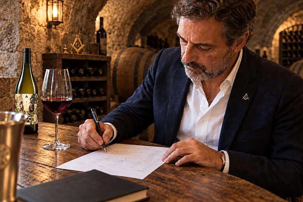 Homme rédigeant une fiche de dégustation dans une cave voûtée, verre de vin rouge sur la table